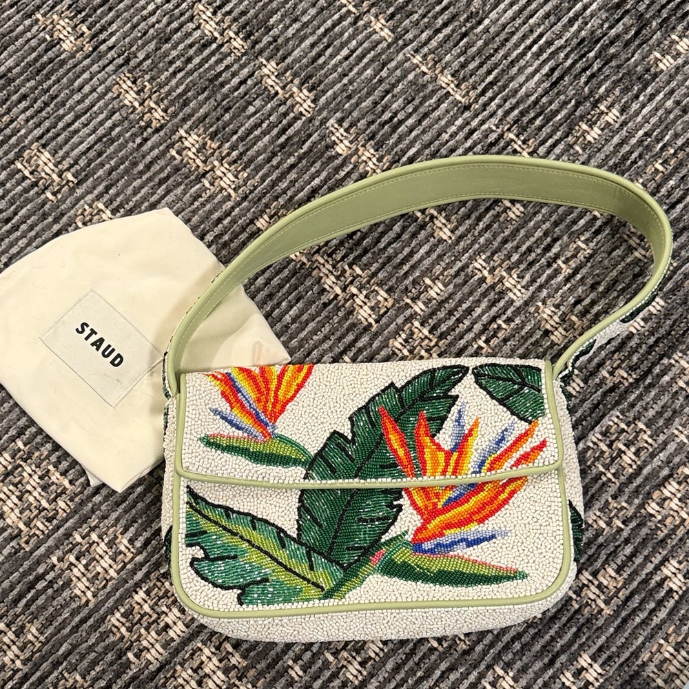 STAUD Beaded Floral Shoulder Bag in Light Green and Multicolor
